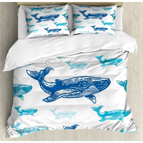 Sea Animals Duvet Cover Set, Colorful Realistic Engraved Style of Whale Animals Dangerous Creature Print, Decorative 3 Piece Bedding Set with 2 Pillow Shams, Calking Size, Blue White, by Ambesonne