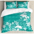 thumbnail image 1 of Sea Animals Duvet Cover Set, Dolphins Flowers Sea Floral Pattern Starfish Coral Seashell Composition, Decorative 3 Piece Bedding Set with 2 Pillow Shams, Calking Size, Sea Green White, by Ambesonne, 1 of 3