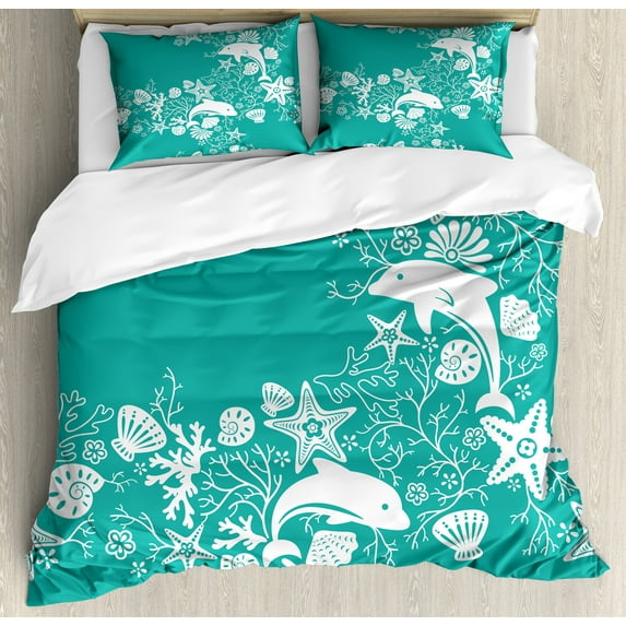 Sea Animals Duvet Cover Set, Dolphins Flowers Sea Floral Pattern Starfish Coral Seashell Composition, Decorative 3 Piece Bedding Set with 2 Pillow Shams, Queen Size, Sea Green White, by Ambesonne