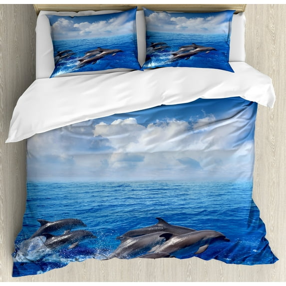 Sea Animals Duvet Cover Set, Dolphins Jumping in Clear Sea and Fluffy Clouds in Sky Marine Life Photograph, Decorative 3 Piece Bedding Set with 2 Pillow Shams, Queen Size, Blue White, by Ambesonne