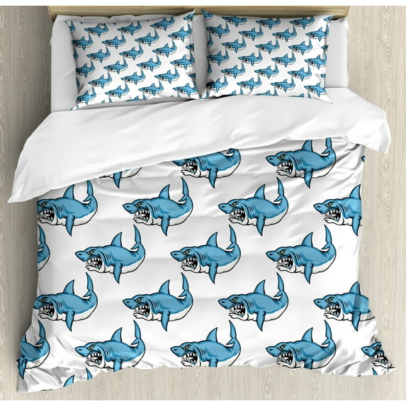 Sea Animals Duvet Cover Set, Fierce Predator Wild Shark Swimming Sharp Teeth Bite Nautical Theme Pattern, Decorative 3 Piece Bedding Set with 2 Pillow Shams, King Size, Blue White, by Ambesonne