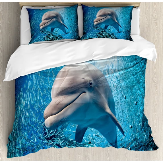 Sea Animals Duvet Cover Set King Size, A Bottlenose Dolphin in the Ocean Fish Sunlight in Marine Natural Underwater, Decorative 3 Piece Bedding Set with 2 Pillow Shams, Blue Grey, by Ambesonne