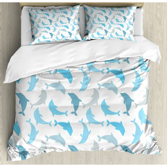 Sea Animals Duvet Cover Set King Size, Dolphin Fish Figures Underwater Ocean Marine Natural Life Delphinoid Art, Decorative 3 Piece Bedding Set with 2 Pillow Shams, White Blue Grey, by Ambesonne