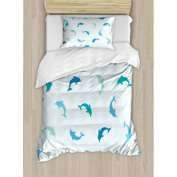 Sea Animals Duvet Cover Set, Leaping and Playing Dolphin Aquatic Life Animal Marine Theme, Decorative 2 Piece Bedding Set with 1 Pillow Shams, Twin Size, Turquoise Blue Navy, by Ambesonne