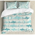 thumbnail image 1 of Sea Animals Duvet Cover Set, Monochrome Shark Illustration Fashion Maritime Illustration Aquatics, Decorative 3 Piece Bedding Set with 2 Pillow Shams, Queen Size, Turquoise Beige Teal, by Ambesonne, 1 of 3
