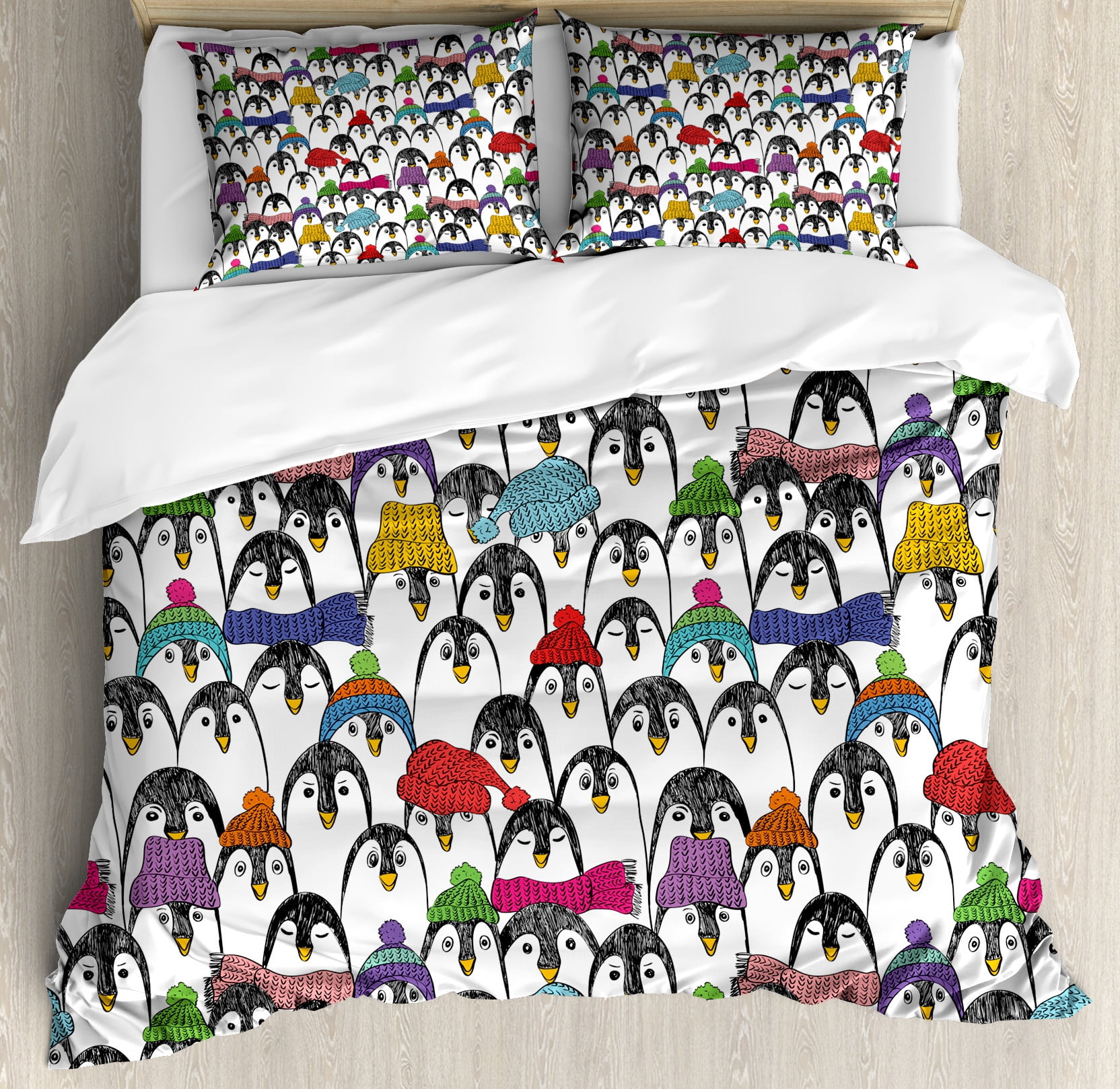 Penguin Pattern Multicolor Cotton Queen Duvet Cover Set