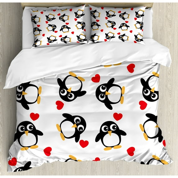 Sea Animals Duvet Cover Set, Penguins with Heart Shapes Romantic Valentines Day, Decorative 3 Piece Bedding Set with 2 Pillow Shams, King Size, Mustard White Black, by Ambesonne
