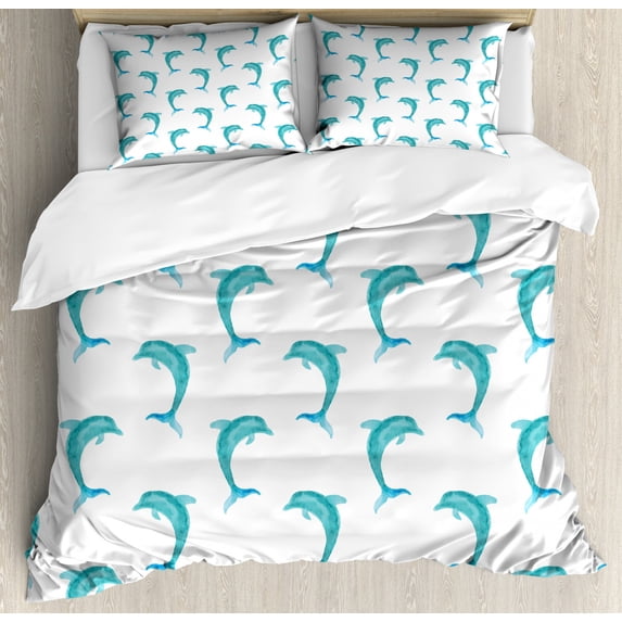 Sea Animals Duvet Cover Set Queen Size, Aqua Watercolor Artwork Dolphin Figures Ocean Playful Marine Underwater Theme, Decorative 3 Piece Bedding Set with 2 Pillow Shams, Aqua White, by Ambesonne