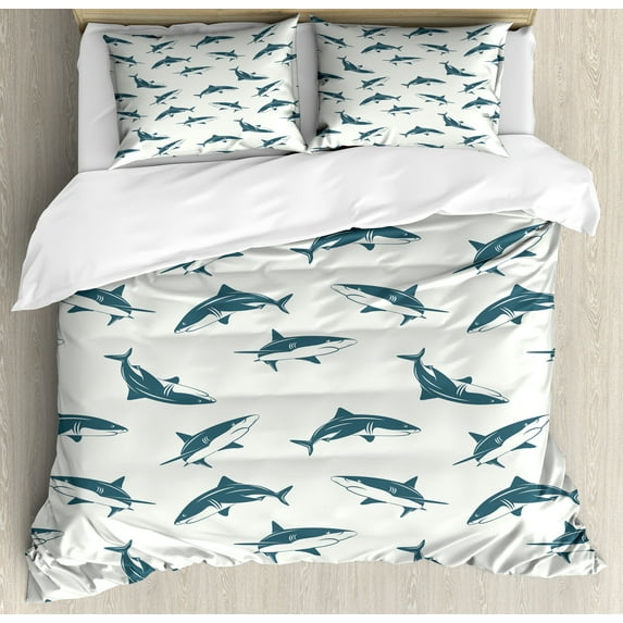 Sea Animals Duvet Cover Set, Repeated Cartoon Sharks Swimming to Different Directions Pattern, Decorative 3 Piece Bedding Set with 2 Pillow Shams, Calking Size, Slate Blue and Eggshell, by Ambesonne