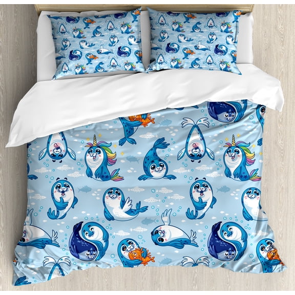 Sea Animals Duvet Cover Set, Seal Pup Aquatic Wildlife Friendly Hugging Water Bubbles, Decorative 3 Piece Bedding Set with 2 Pillow Shams, Queen Size, Blue White Marigold, by Ambesonne