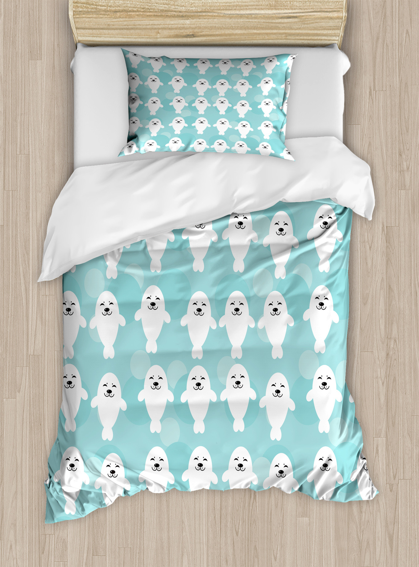 Sea Animals Duvet Cover Set, Seals with Faces Smiling Cheerful Theme