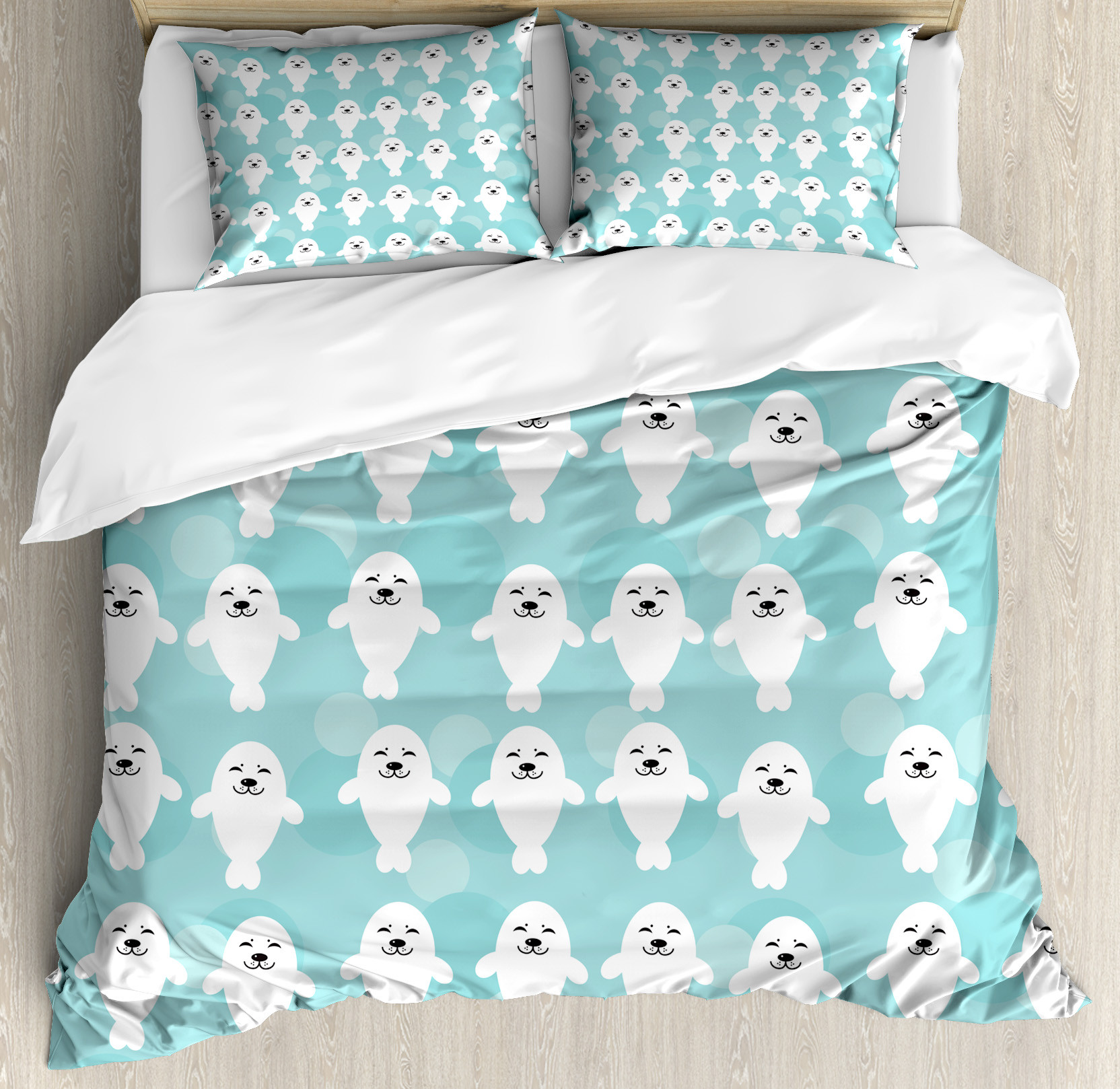 Sea Animals Duvet Cover Set, Seals with Faces Smiling Cheerful Theme