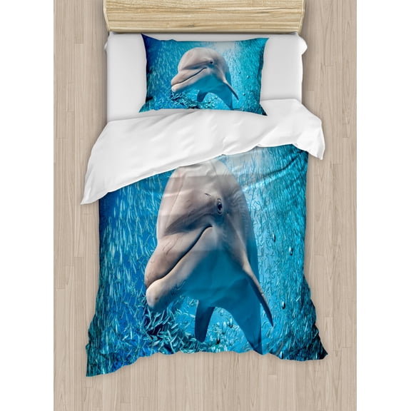 Sea Animals Duvet Cover Set Twin Size, A Bottlenose Dolphin in the Ocean Fish Sunlight in Marine Natural Underwater, Decorative 2 Piece Bedding Set with 1 Pillow Sham, Blue Grey, by Ambesonne