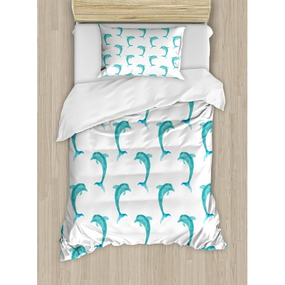 Sea Animals Duvet Cover Set Twin Size, Aqua Watercolor Artwork Dolphin Figures Ocean Playful Marine Underwater Theme, Decorative 2 Piece Bedding Set with 1 Pillow Sham, Aqua White, by Ambesonne