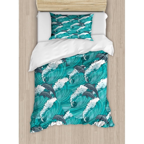 Sea Animals Duvet Cover Set, Wavy Ocean with Dolphins Windy Surfing Doodle Style Art Print, Decorative 2 Piece Bedding Set with 1 Pillow Shams, Twin Size, Charcoal Grey Teal White, by Ambesonne