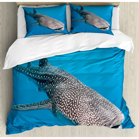 Sea Animals Duvet Cover Set, Whale Shark Swimming Predators Hunter Clear Water Under the Sea Picture Print, Decorative 3 Piece Bedding Set with 2 Pillow Shams, King Size, Dimgray Blue, by Ambesonne
