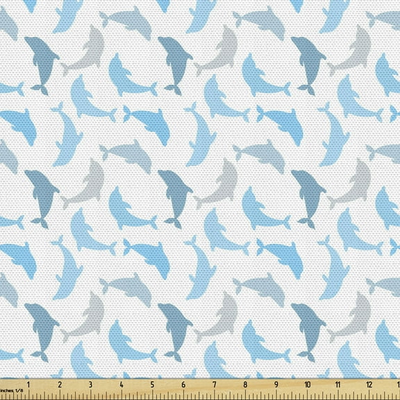 Ambesonne Ocean Fabric by the Yard Upholstery, Jumping Dolphin, 3 Yards, White Blue Grey