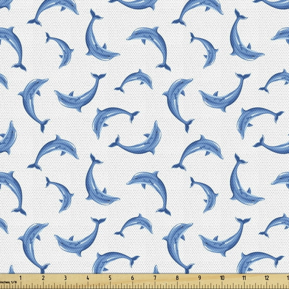 Ambesonne Dolphin Fabric by the Yard Upholstery, Wildlife Under the Sea, 3 Yards, Blue White
