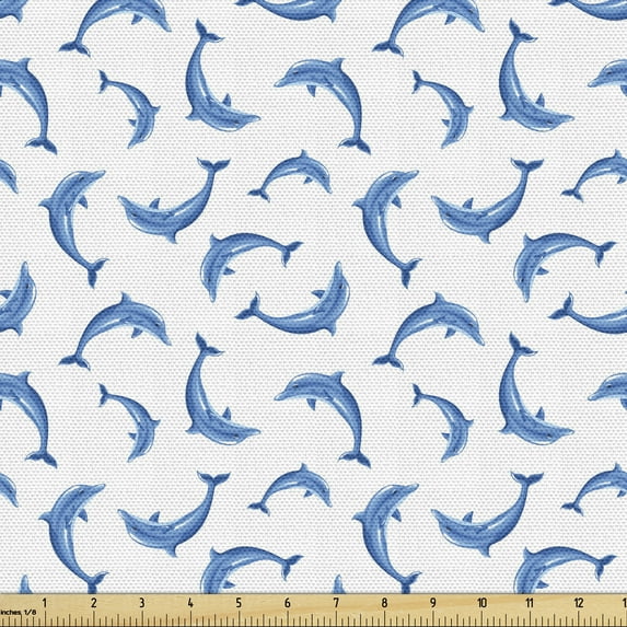 Ambesonne Dolphin Fabric by the Yard Upholstery, Wildlife Under the Sea, 5 Yards, Blue White
