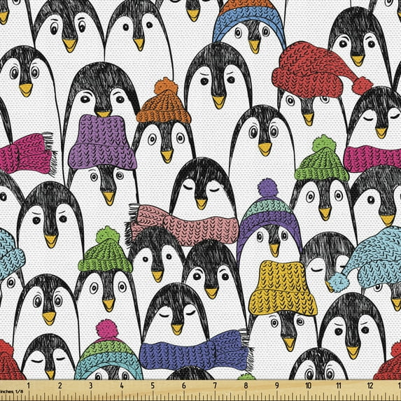 Ambesonne Penguin Fabric by the Yard Upholstery, Winter Cartoon Animal, 10 Yards, Multicolor