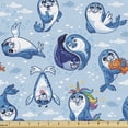 thumbnail image 1 of Ambesonne Cartoon Fabric by the Yard Upholstery, Friendly Seal, 1 Yard, Blue White Marigold, 1 of 5