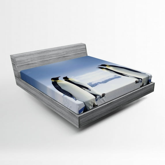 Sea Animals Fitted Sheet, 2 Pairs of Penguins Facing Each Other at South Sunny Antarctica, Soft Decorative Fabric Bedding, Queen Size, Purple Grey Black White, by Ambesonne