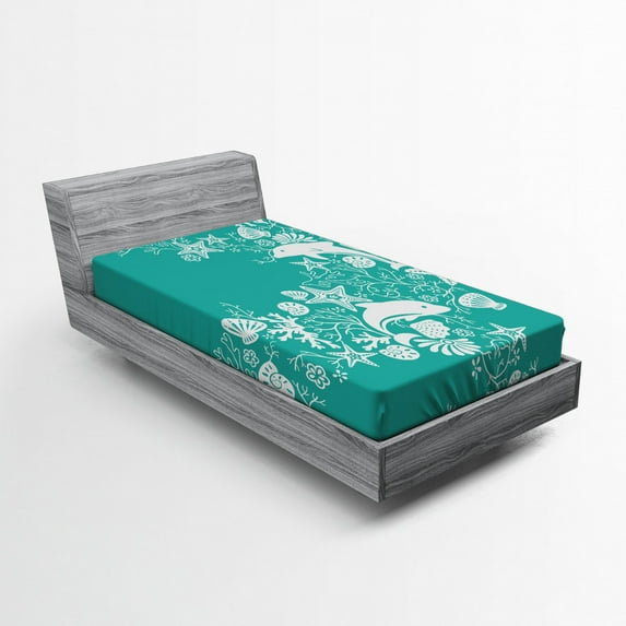 Sea Animals Fitted Sheet, Dolphins Flowers Sea Floral Pattern Starfish Coral Seashell Composition, Soft Decorative Fabric Bedding, Twin Size, Sea Green White, by Ambesonne