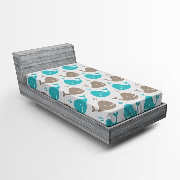 Ambesonne Whale Fitted Sheet, Smiling Fish in Ocean, Twin Size, Tan Turquoise White