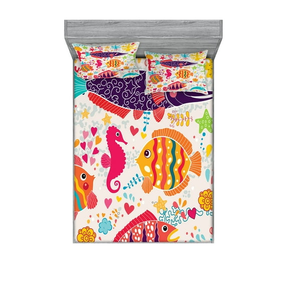 Sea Animals Fitted Sheet & Pillow Sham Set, Art Fish Seahorse Starfish Dolphin Coral Underwater Life, Decorative Printed 6 Piece Bedding Decor Set, Calking, Multicolor, by Ambesonne