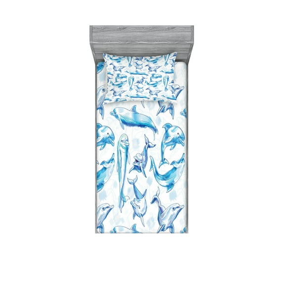 Sea Animals Fitted Sheet & Pillow Sham Set, Sketch of Bottlenose Dolphins Playing Laughing in the Ocean Sea Life Print, Decorative 4 Piece Bedding Decor Set, Twinxl, Turquoise White, by Ambesonne