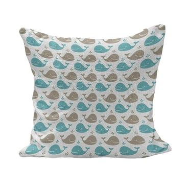 Sea Animals Fluffy Throw Pillow Cushion Cover, Pattern Smiling Whale Cartoon Repeated Design Illustration, Decorative Square Accent Pillow Case, 24" x 24", Tan Turquoise White, by Ambesonne