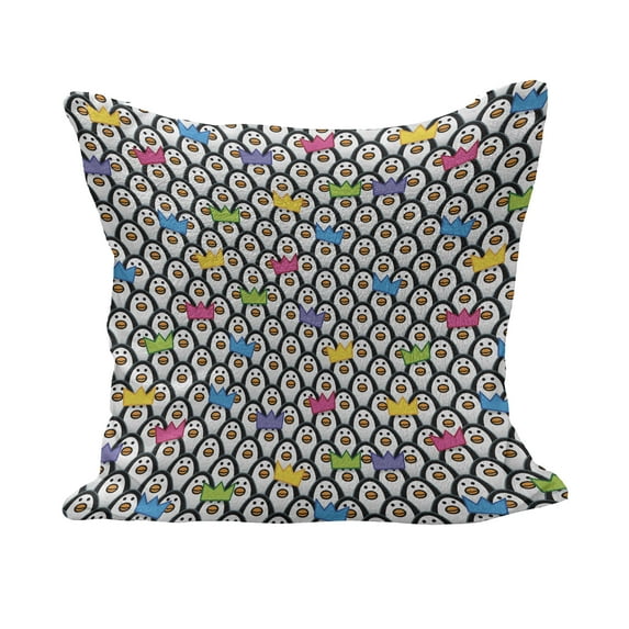 Sea Animals Fluffy Throw Pillow Cushion Cover, Penguins Wearing Colored Party Hats Crowns Rows of Staring Penguins South Pole, Decorative Square Pillow Case, 18" x 18", Multicolor, by Ambesonne