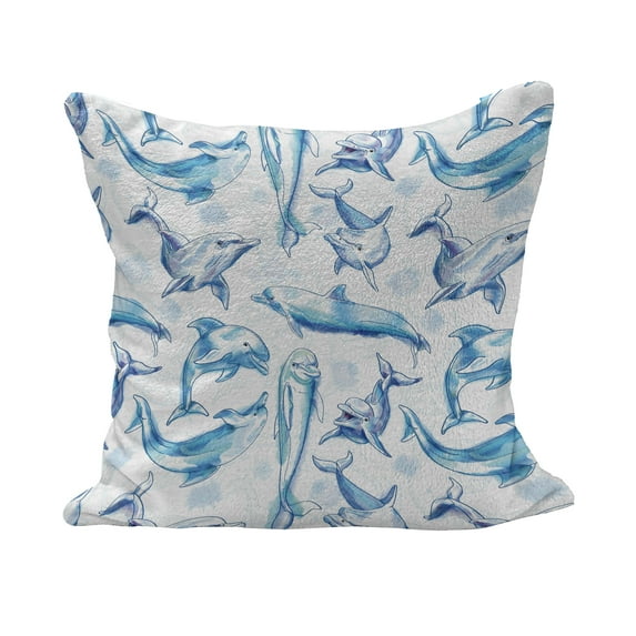 Sea Animals Fluffy Throw Pillow Cushion Cover, Sketch of Bottlenose Dolphins Playing Laughing in The Ocean Sea Life Print, Rectangle Accent Pillow Case, 36" x 16", Turquoise White, by Ambesonne