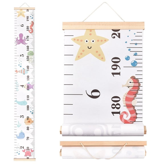 Sea Animals Growth Chart Fabric Canvas Height Measurement Ruler Wood Frame Hanging Removable Cartoon Wall Rulers for Home 8.39 x 59 Inch