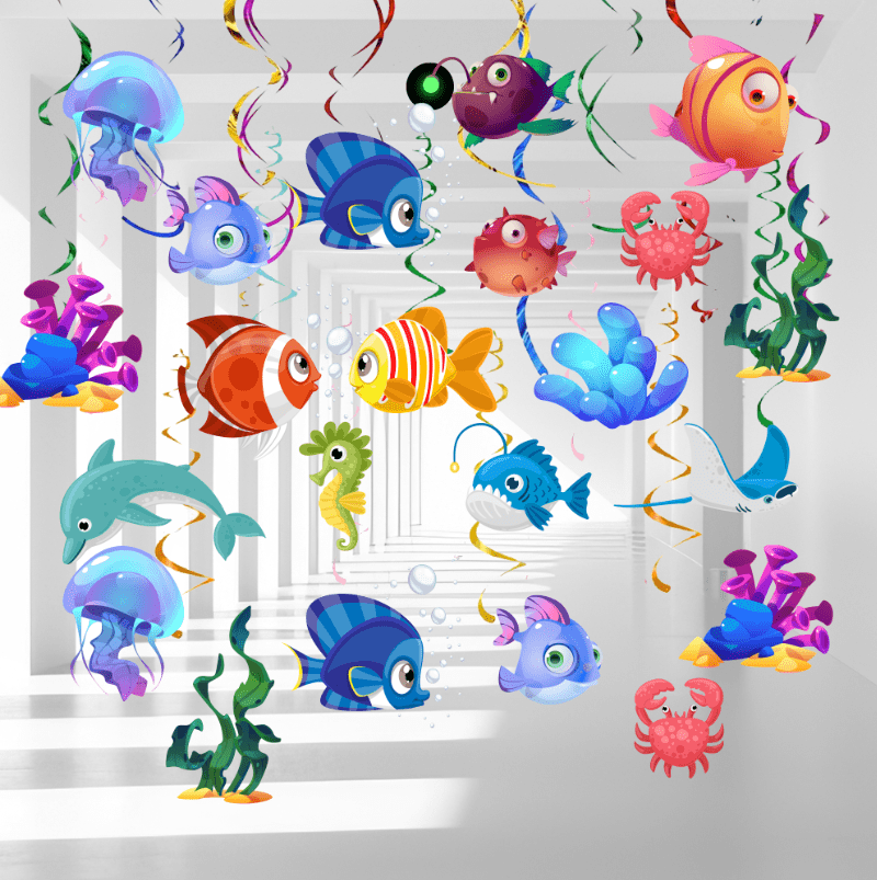 AnyDesign 48pcs Sea Animal Hanging Swirl Decor - Watercolor Fish, Seahorse, Dolphin For Ocean Theme Party