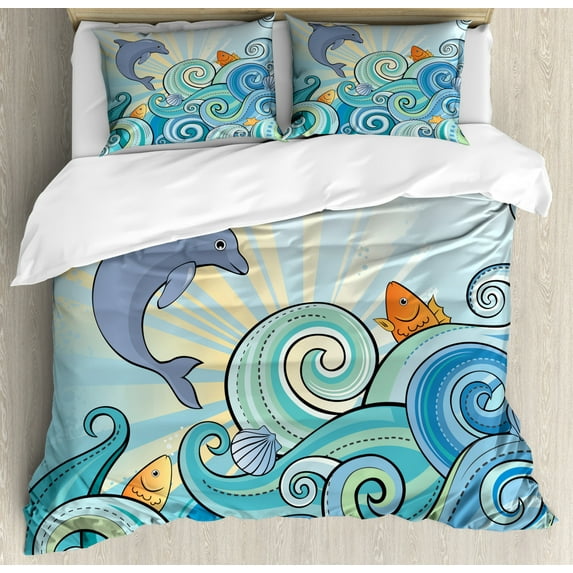 Sea Animals King Size Duvet Cover Set, Cartoon Dolphin Fish Starfish Shells in Ocean Marine in Summer Pattern Print, Decorative 3 Piece Bedding Set with 2 Pillow Shams, Multicolor, by Ambesonne