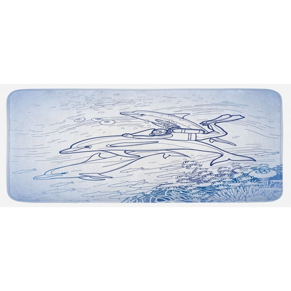 Sea Animals Kitchen Mat, Sketch of Scuba Diver Holding Fin of Dolphin over Coral Reefs Fish Underwater, Plush Decorative Kitchen Mat with Non Slip Backing, 47" X 19", Multicolor, by Ambesonne