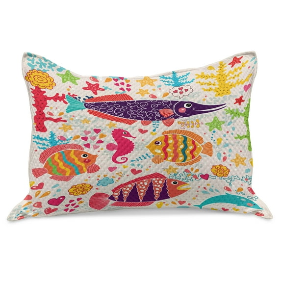 Sea Animals Knitted Quilt Pillowcover, Art Fish Seahorse Starfish Dolphin Coral Underwater Life, Standard King Size Pillow Cover for Bedroom, 30" x 20", Multicolor, by Ambesonne