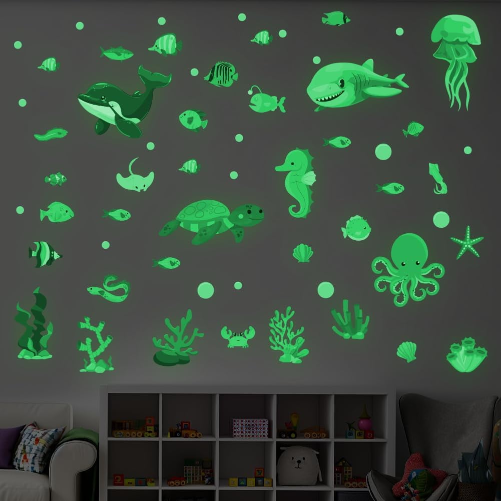 Sea Animals Luminous Wall Stickers Glow in The Dark Wall Decal Sea Animals Stickers for Ceiling Girls Boys Fishes Dolphin Seaweed Octopus Decoration for Living Room Bathroom Toilet