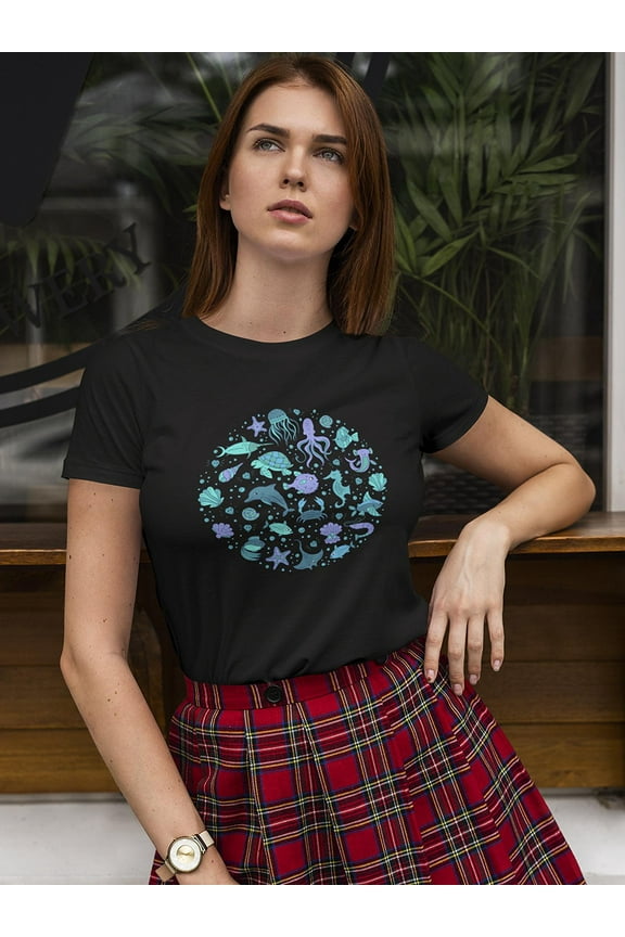 Sea Animals Octopus Fish Shell T-Shirt Women -Image by Shutterstock, Female Medium