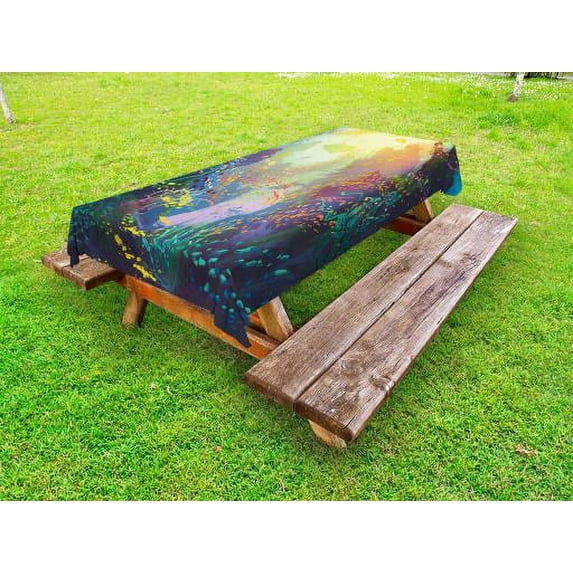 Sea Animals Outdoor Tablecloth, Underwater with Coral Reef and Colorful Fish Aquarium Artistic Print, Decorative Washable Fabric Picnic Table Cloth, 58 X 84 Inches,Turquoise Yellow Pink, by Ambesonne