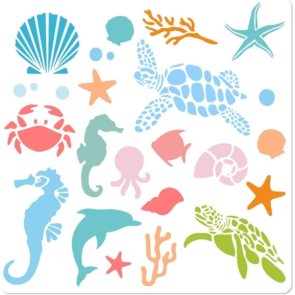 Sea Animals Painting Stencils 11.8Inch Large Reusable White PET Seahorse Dolphin Crab Turtle Starfish Ornament Drawing Template