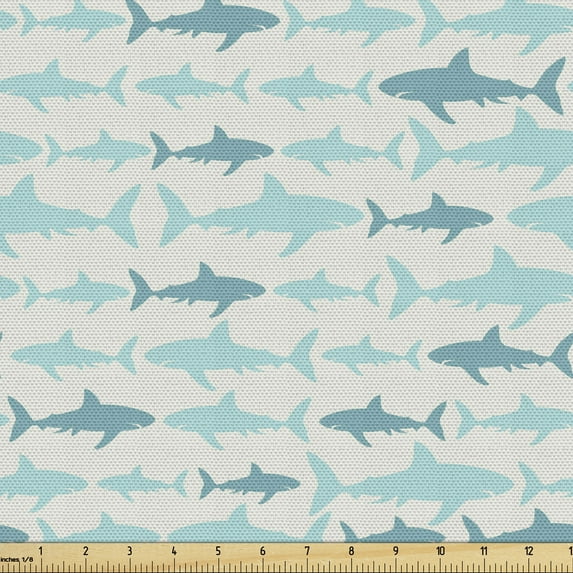 Sea Animals Sofa Upholstery Fabric by the Yard, Monochrome Shark Illustration Fashion Maritime Illustration Aquatics, Decorative Fabric for DIY Home Accents, 3 Yards, Turquoise Beige Teal by Ambesonne