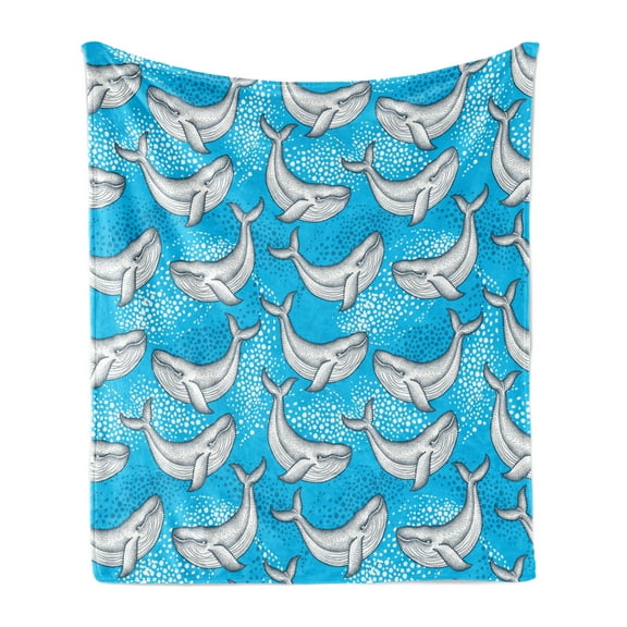 Sea Animals Soft Flannel Fleece Blanket, Dotted Humpback Whale Maritime Theme Summer Artwork Style Ornament Ocean Design, Cozy Plush for Indoor and Outdoor Use, 50" x 70", Blue Grey, by Ambesonne