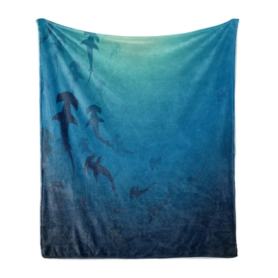 Sea Animals Soft Flannel Fleece Blanket, Hammerhead Shark School Scan Ocean Dangerous Predator Wild Nature Illustration, Cozy Plush for Indoor and Outdoor Use, 50" x 70", Navy Blue, by Ambesonne