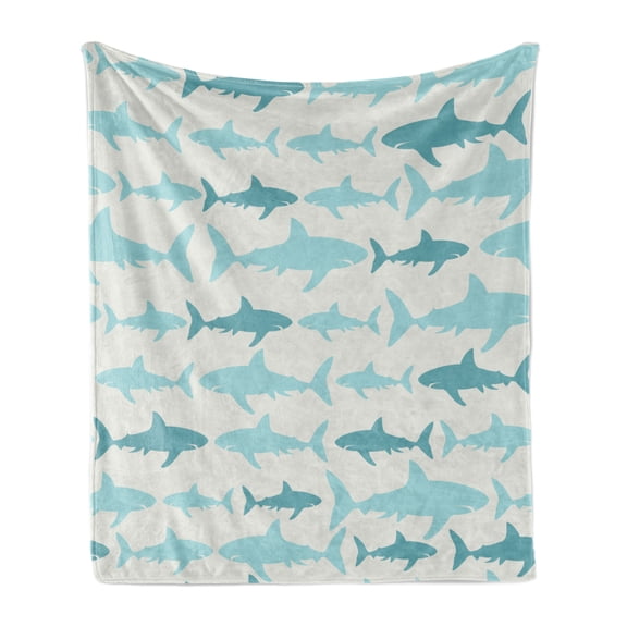 Sea Animals Soft Flannel Fleece Blanket, Monochrome Shark Illustration Fashion Maritime Illustration Aquatics, Cozy Plush for Indoor and Outdoor Use, 50" x 60", Turquoise Beige Teal, by Ambesonne