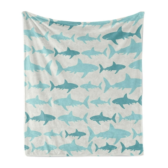 Sea Animals Soft Flannel Fleece Blanket, Monochrome Shark Illustration Fashion Maritime Illustration Aquatics, Cozy Plush for Indoor and Outdoor Use, 60" x 80", Turquoise Beige Teal, by Ambesonne