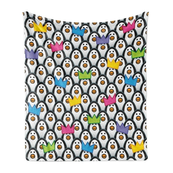 Sea Animals Soft Flannel Fleece Blanket, Penguins Wearing Colored Party Hats Crowns Rows of Staring Penguins South Pole, Cozy Plush for Indoor and Outdoor Use, 50" x 70", Multicolor, by Ambesonne