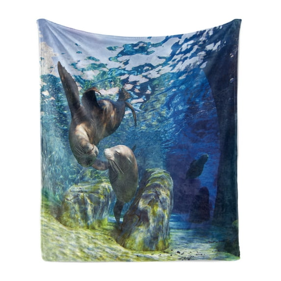 Sea Animals Soft Flannel Fleece Blanket, Playful California Sea Lions Swimming in Clear Water Undersea World Theme, Cozy Plush for Indoor and Outdoor Use, 50" x 70", Navy Blue Lime, by Ambesonne