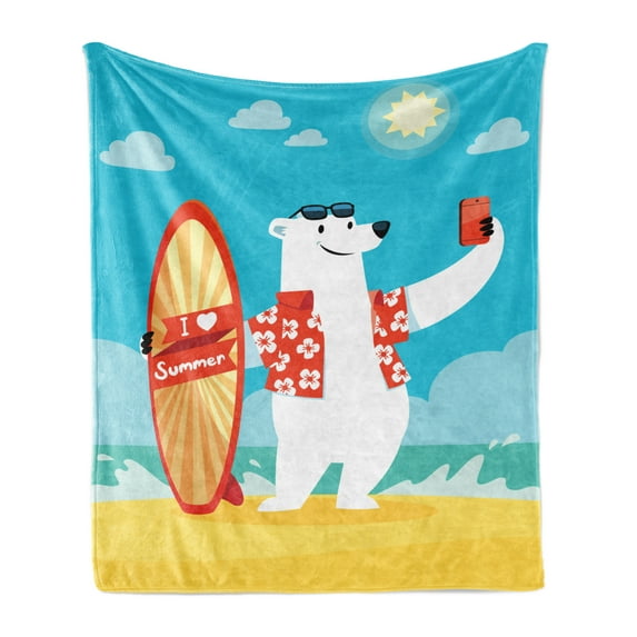 Sea Animals Soft Flannel Fleece Blanket, Polar Bear with I Love Summer Surfboard Taking Selfie at Beach Comic Fun Art, Cozy Plush for Indoor and Outdoor Use, 70" x 90", Aqua Yellow, by Ambesonne